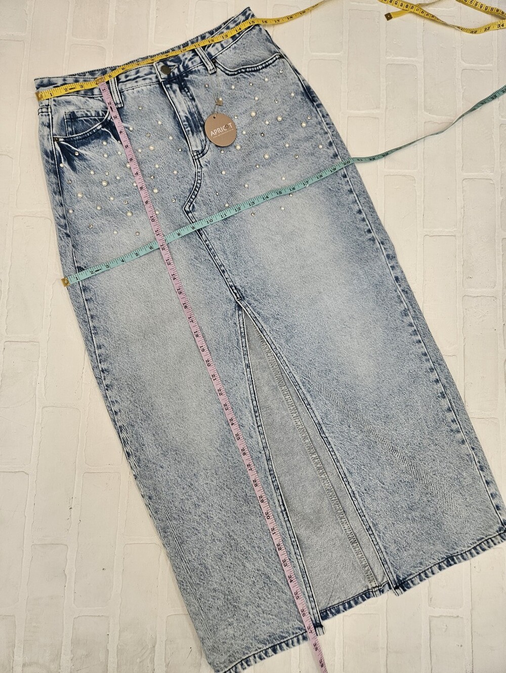 Denim Skirt With Pearls And Rhinestones